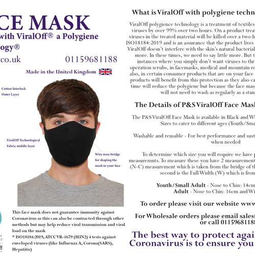 P&S Face Mask with ViralOff Technology - 3 Pack- Please choose Size and Colour